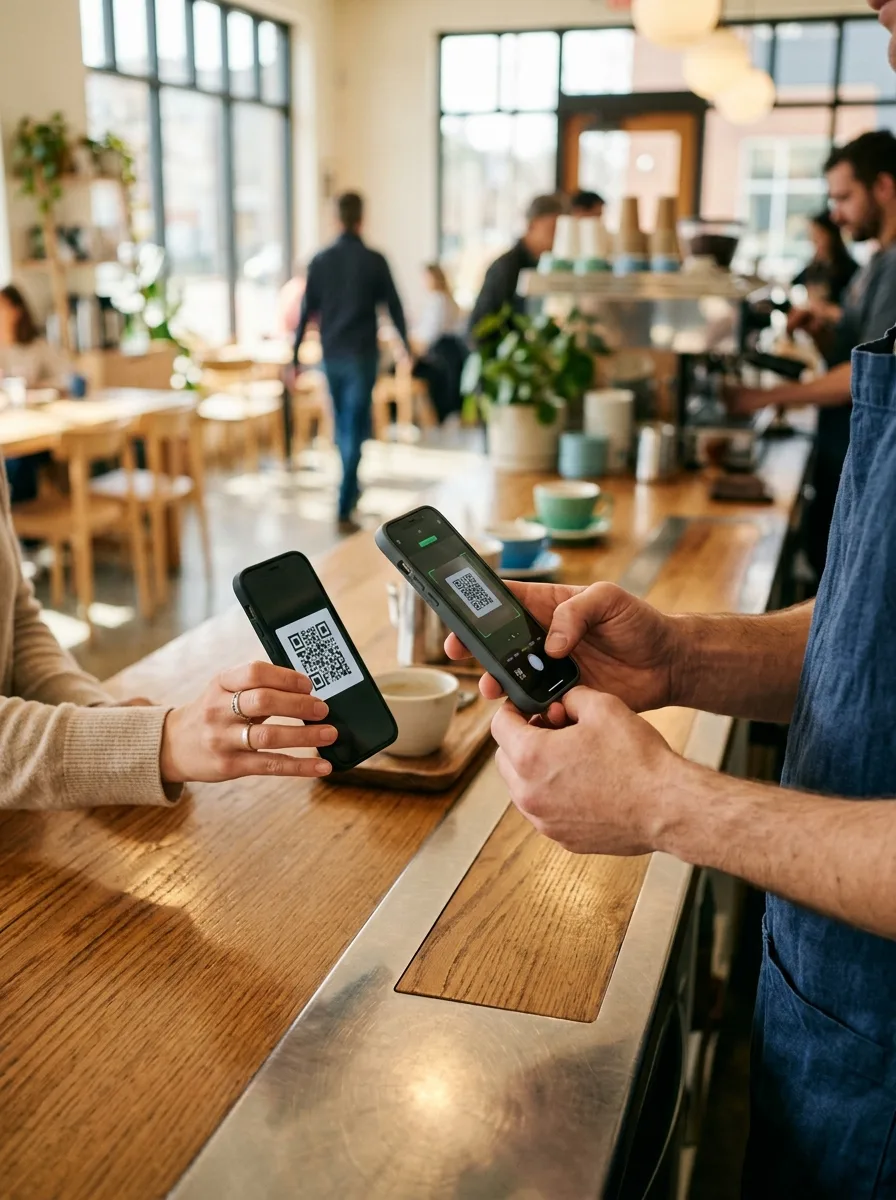 Photo — staff member scanning a customer's phone at a counter