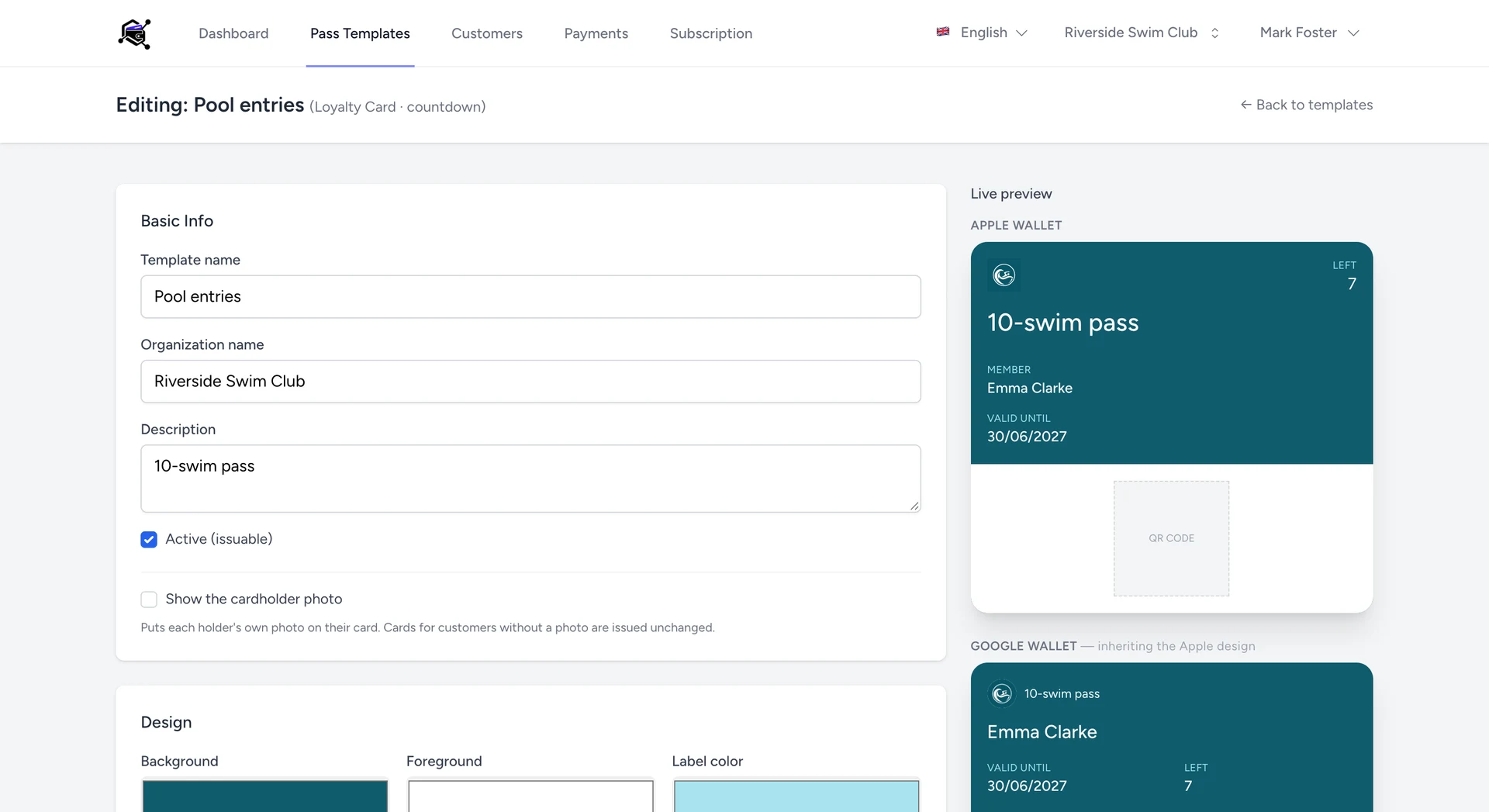 Screenshot — the pass template editor with live preview