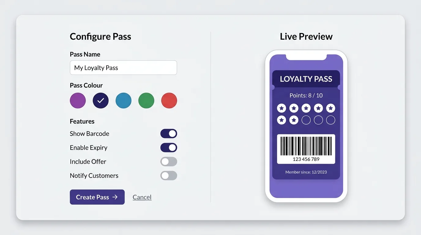 Screenshot — the pass template editor with live preview